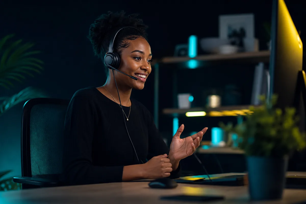 An SDR smiling while practicing a cold call with the AI voice coach